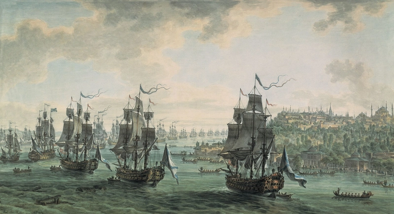 Hạm đội Nga do Fyodor Ushakov chỉ huy vượt qua eo biển Constantinople.