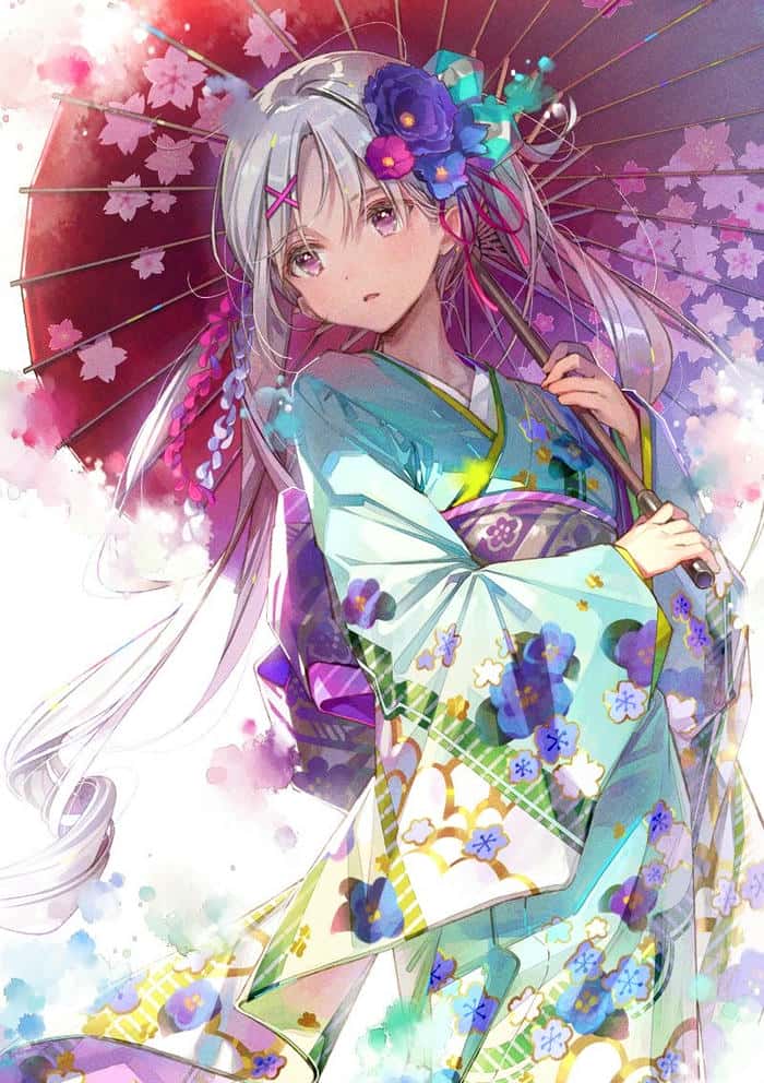 Ảnh anime nữ mặc kimono nhẹ dịu