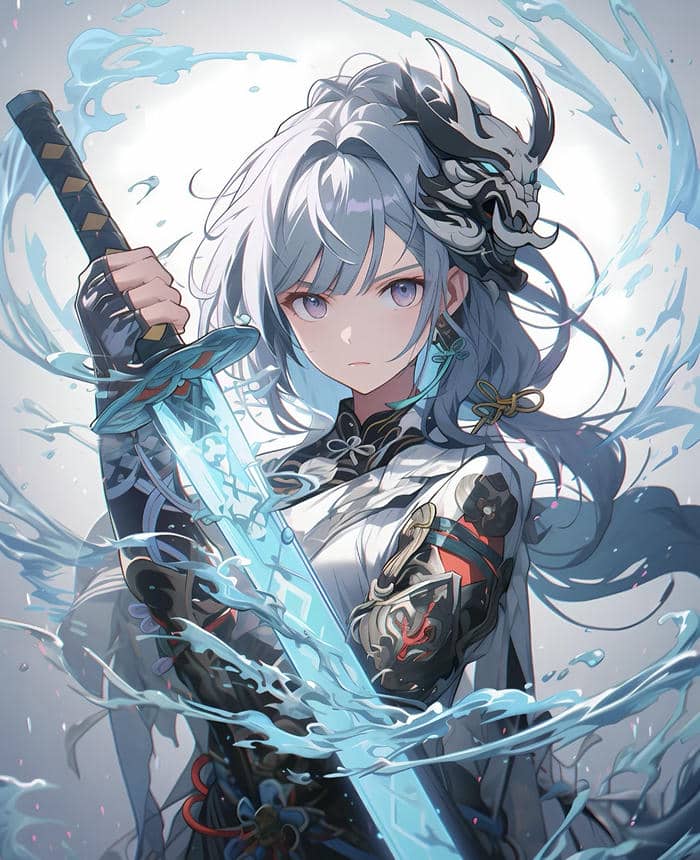 Hình anime nữ cầm kiếm mạnh mẽ quyền uy