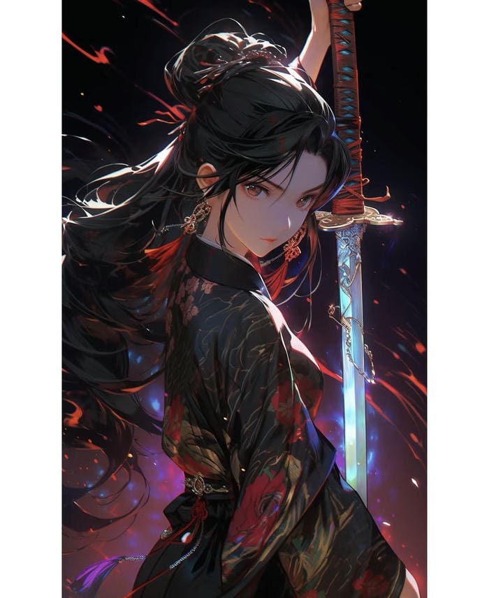 Hình anime nữ cầm kiếm trong cánh đồng hoa