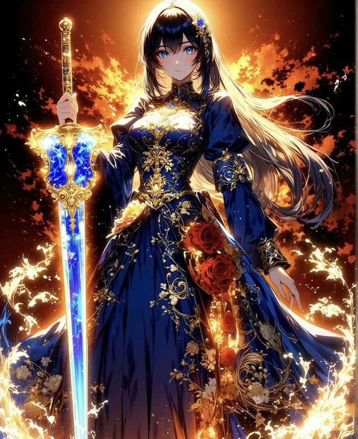 Hình anime nữ cầm kiếm trong rừng thần thoại