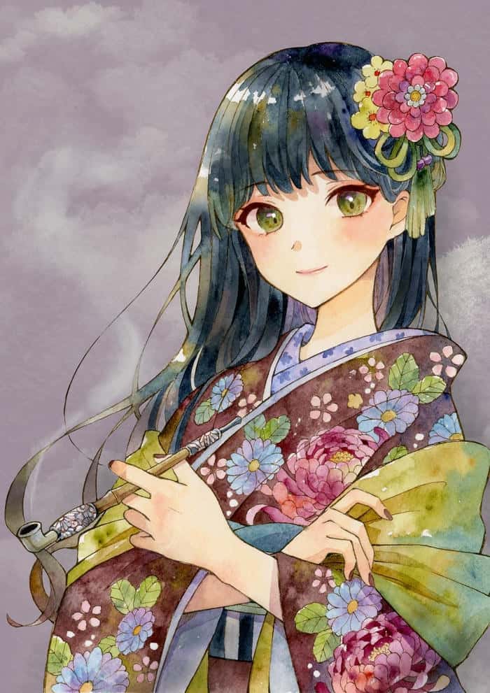 Hình anime nữ mặc kimono nhẹ nhàng