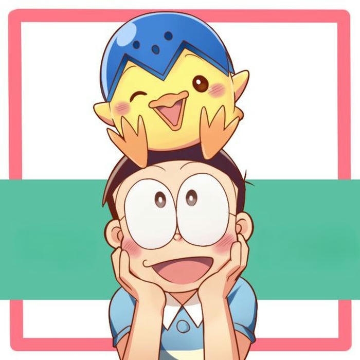 Ảnh Nobita dễ thương với chú gà con đậu trên đầu