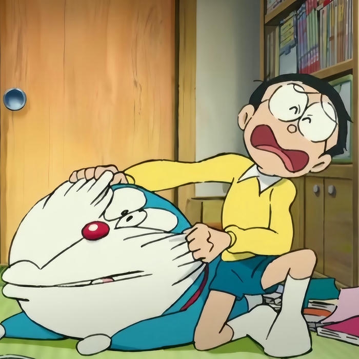 Ảnh Nobita khóc lóc ôm chầm lấy Doraemon để ăn vạ