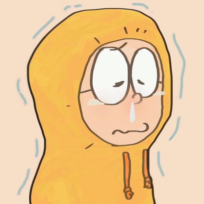 Ảnh Nobita mặc áo trùm đầu vàng biểu cảm lo lắng