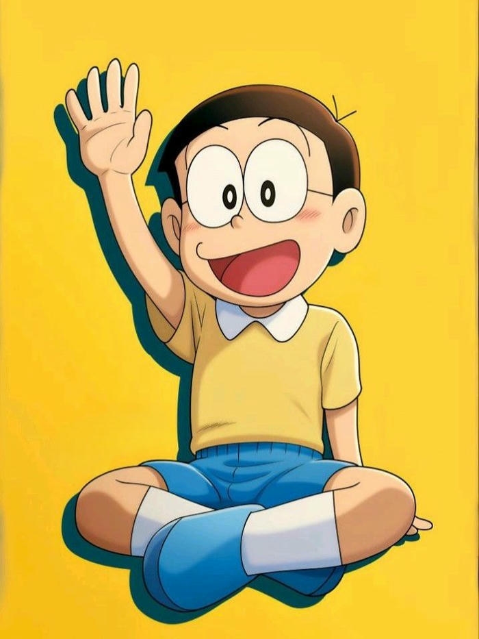 Ảnh Nobita ngồi khoanh chân giơ tay phát biểu ý kiến