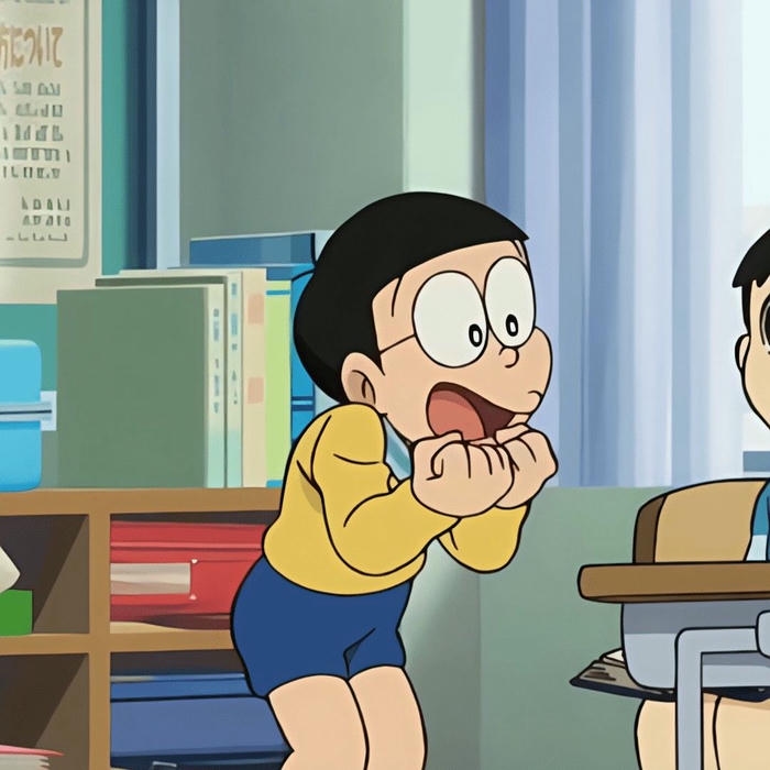 Ảnh Nobita núp sau bàn học nhìn lén với vẻ sợ