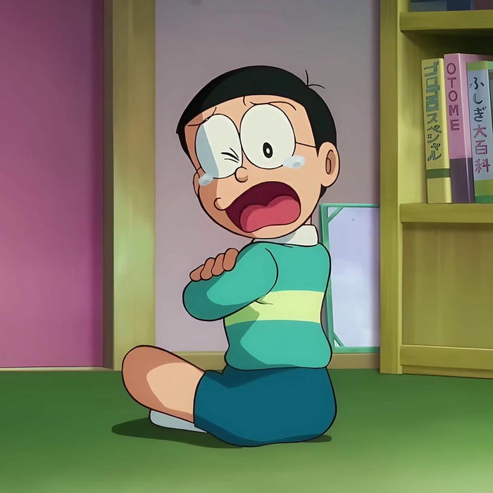 Ảnh Nobita quay lưng lại với vẻ mặt hoảng hốt sợ