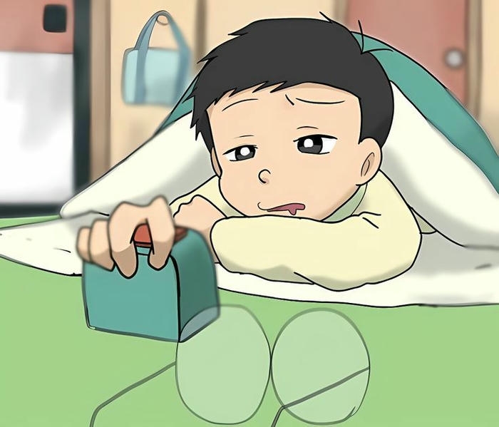 Ảnh Nobita trùm chăn kín mít trên giường vì sợ hãi