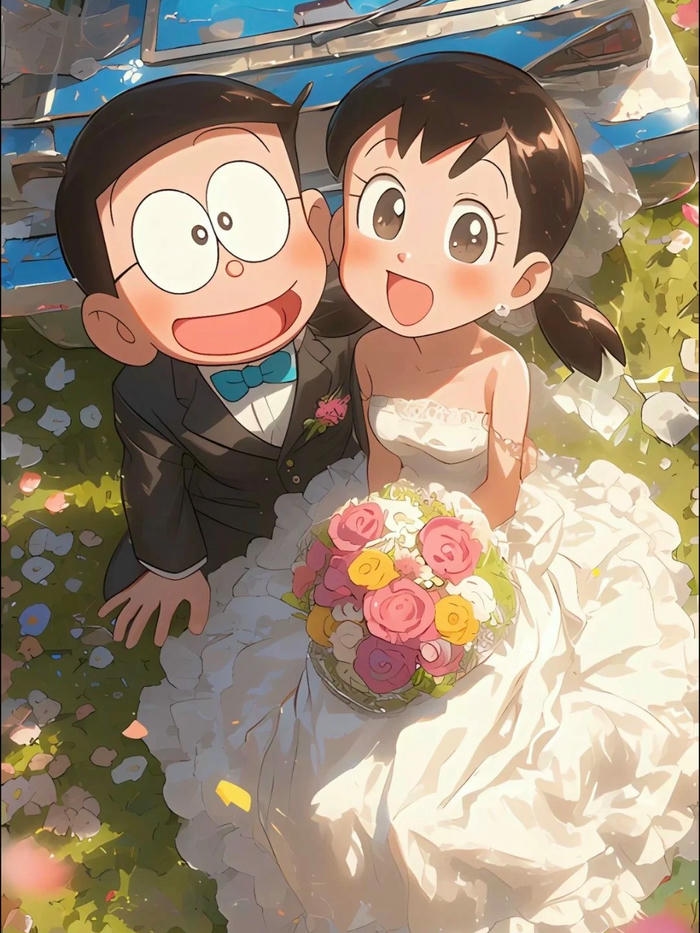 Ảnh Nobita và Shizuka hạnh phúc trong trang phục cưới đẹp