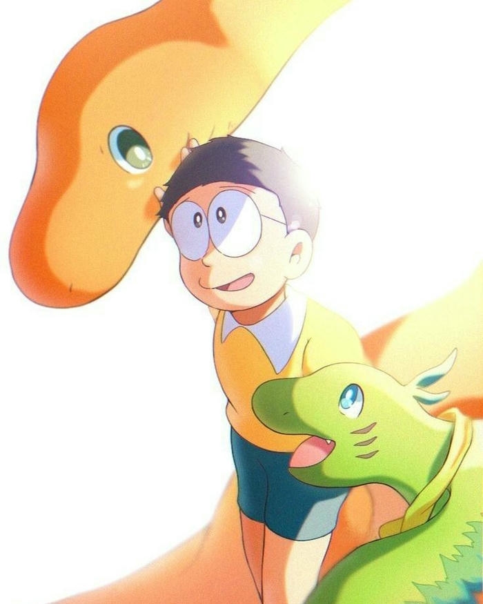 Ảnh Nobita vui đùa cùng khủng long Pisu dưới nắng vàng