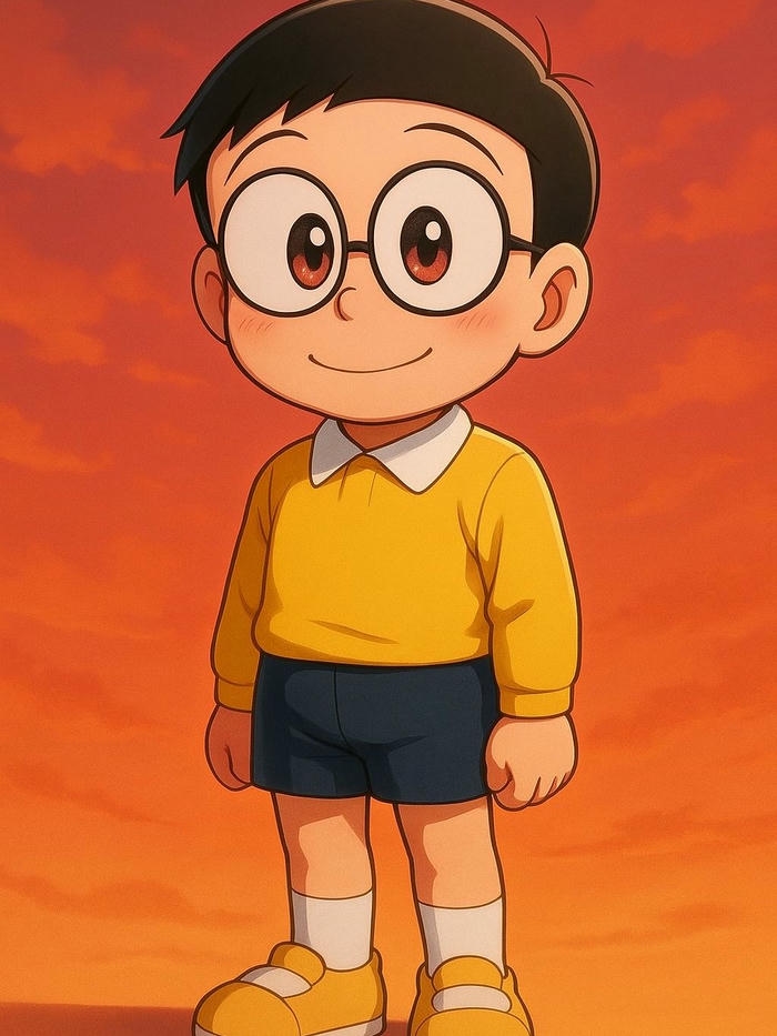 Hình nền Nobita đứng dưới ánh hoàng hôn đỏ rực rỡ