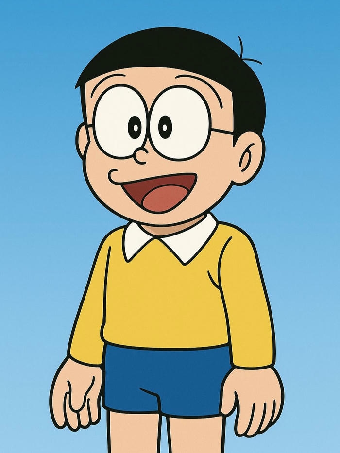 Nobita anime đứng nghiêm túc với trang phục áo vàng