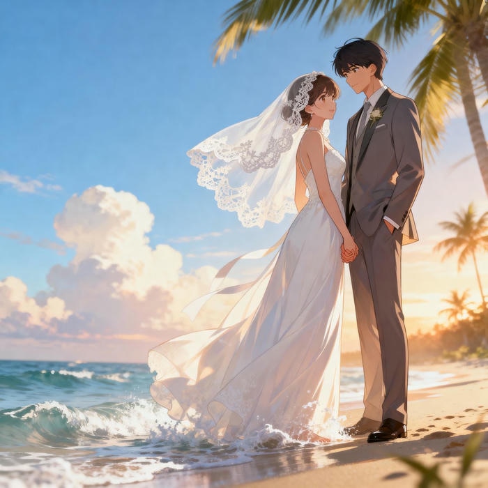 ảnh cô dâu chú rể anime không gian trang trọng