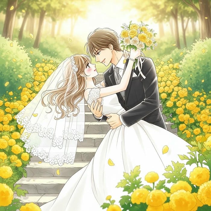 ảnh cô dâu chú rể anime trong vườn hoa