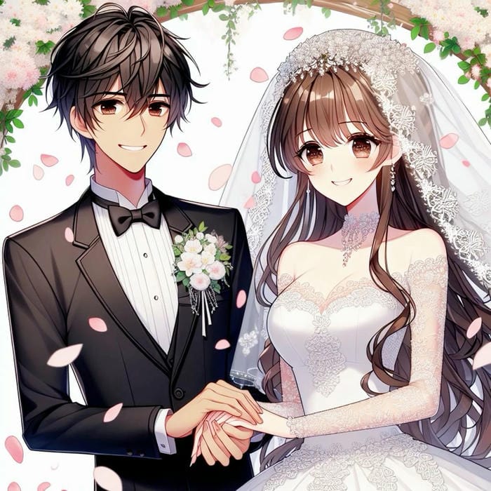 ảnh cô dâu chú rể anime váy trắng vest đen