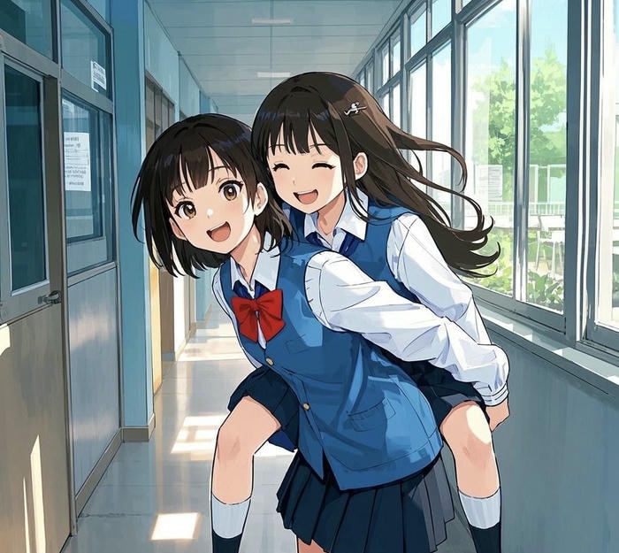 ảnh đôi bạn thân anime vui đùa trên hành lang