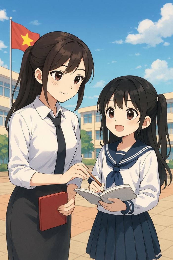 cô giáo anime đang thảo cùng học sinh