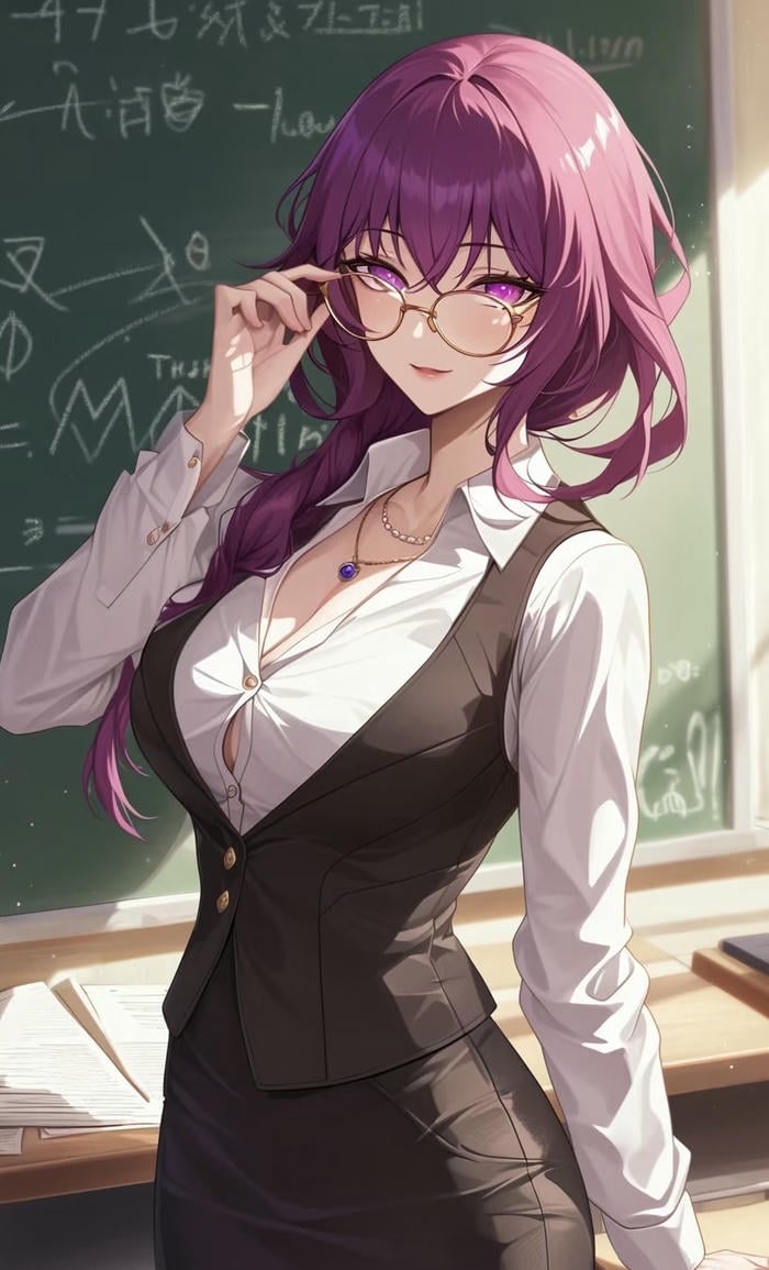 cô giáo anime đẩy kính về phía trước