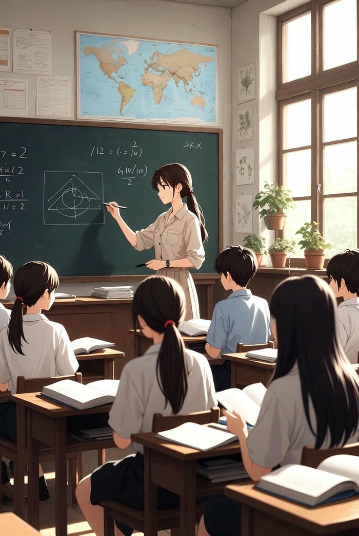 cô giáo anime đứng bục giảng viết bảng