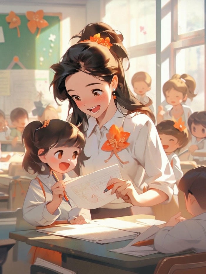 cô giáo anime hướng dẫn học sinh học bài tận tâm