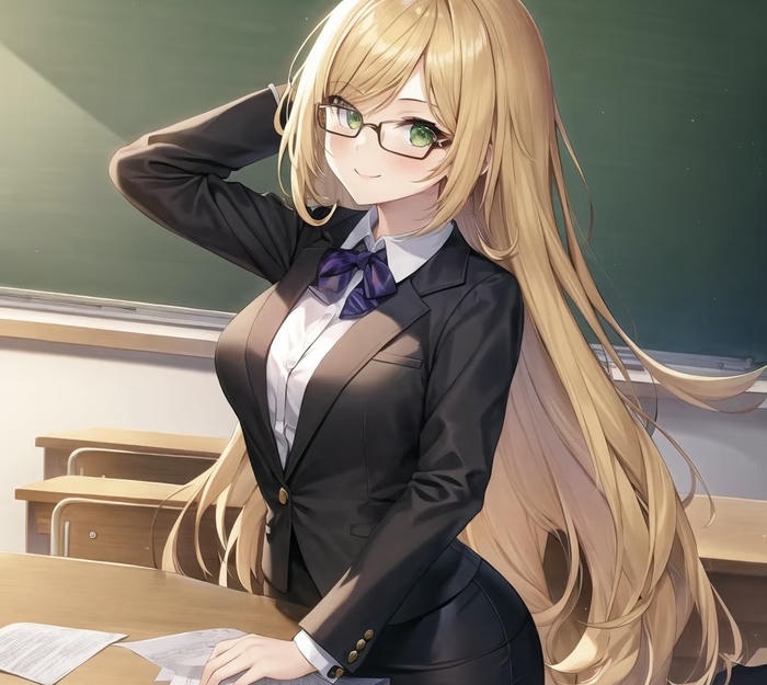 cô giáo anime mặc áo vest đen chuyên nghiệp