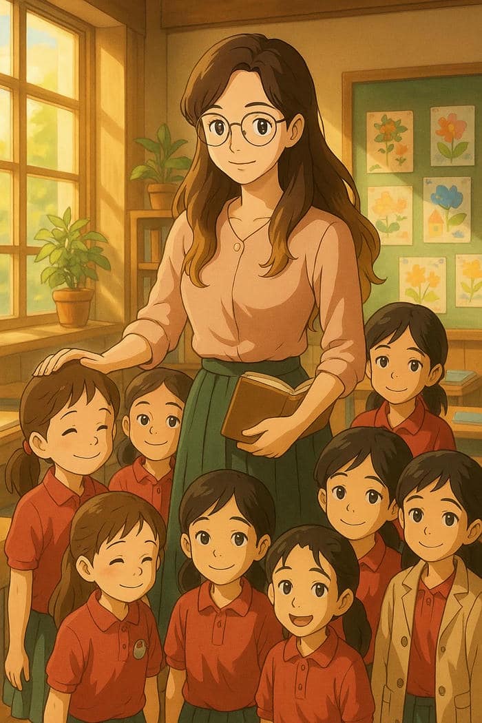 cô giáo anime mặc trang phục giản dị đời thường