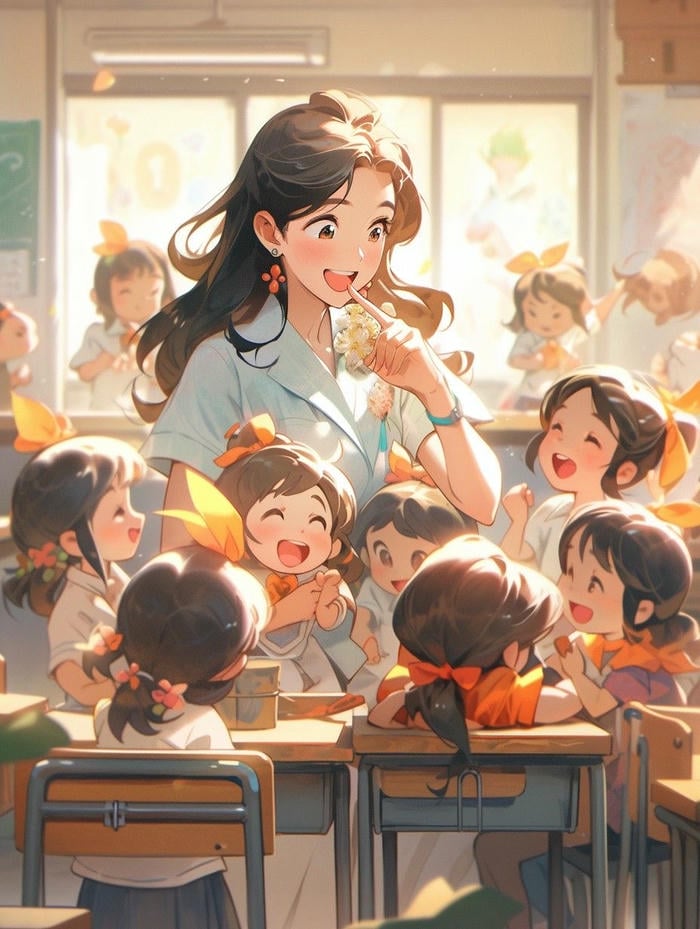 cô giáo anime mỉm cười hiền từ với học sinh