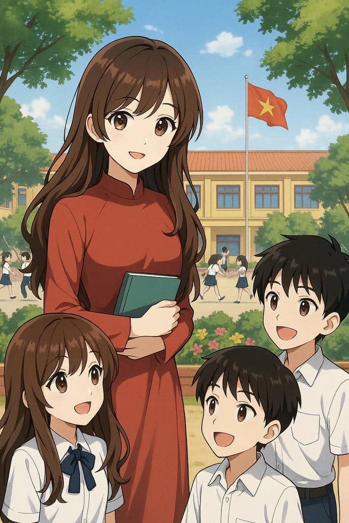 cô giáo anime ở sân trường đầy nắng