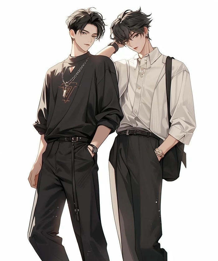 đôi bạn thân anime nghệ thuật tối giản trắng đen