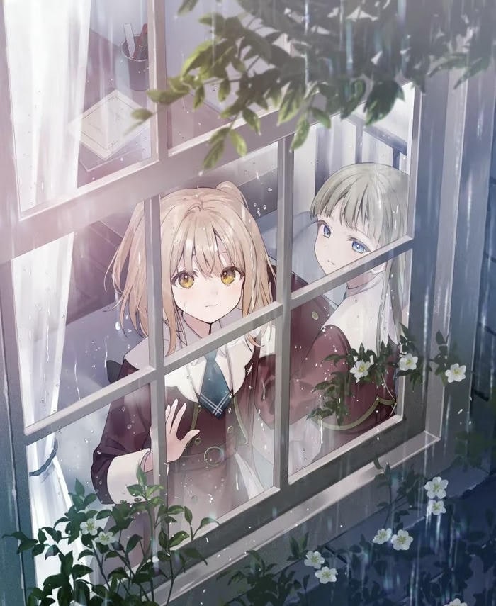 đôi bạn thân anime nữ ngồi trò chuyện bên cửa sổ