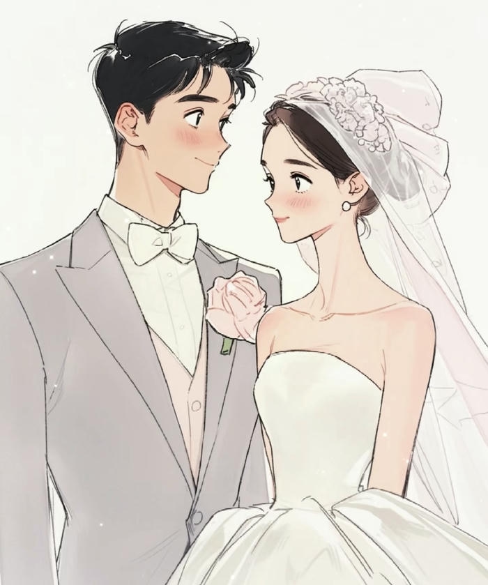 hình ảnh chú rể anime cài hoa hồng lên ngực áo đứng cạnh cô dâu