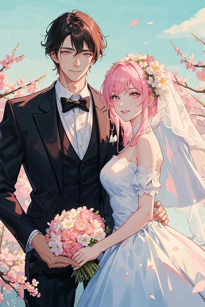 hình ảnh cô dâu chú rể anime chung khung hình