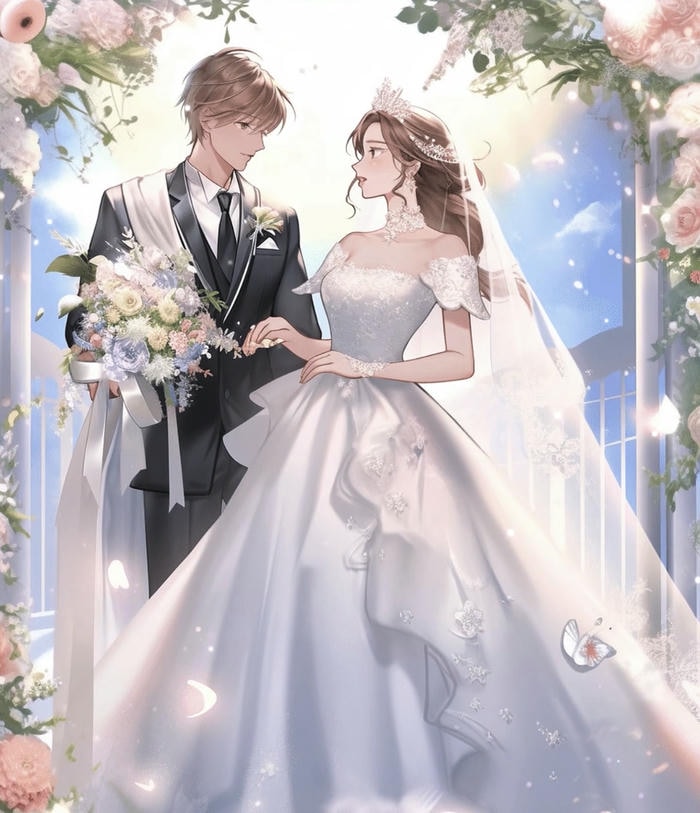 hình ảnh cô dâu chú rể anime đứng cạnh nhau