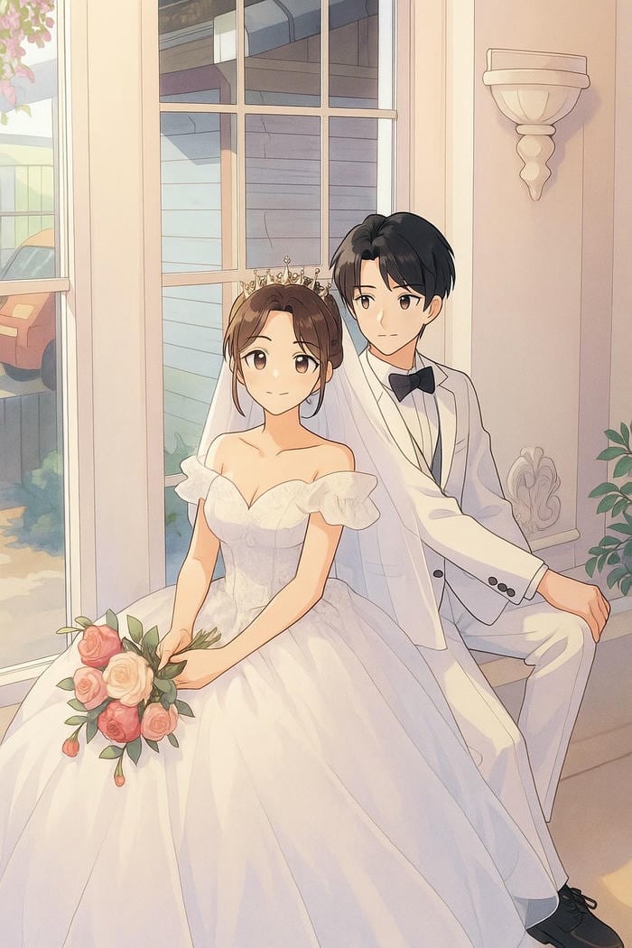 hình ảnh cô dâu chú rể anime ngồi bên cửa