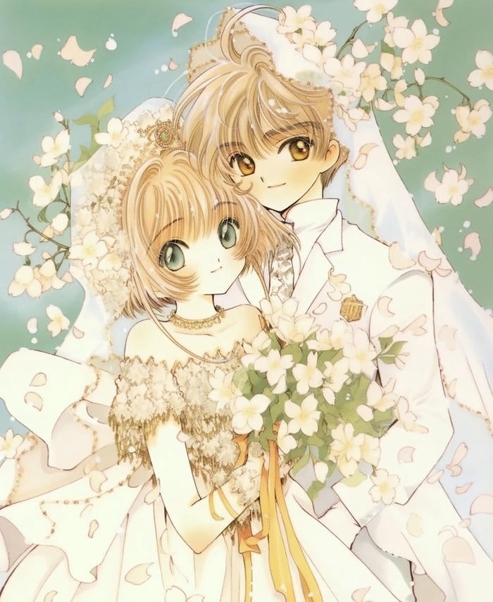 hình ảnh cô dâu chú rể anime tựa đầu vào nhau bình yên