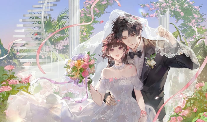 hình ảnh cô dâu và chú rể anime mặc trang phục cưới hiện đại