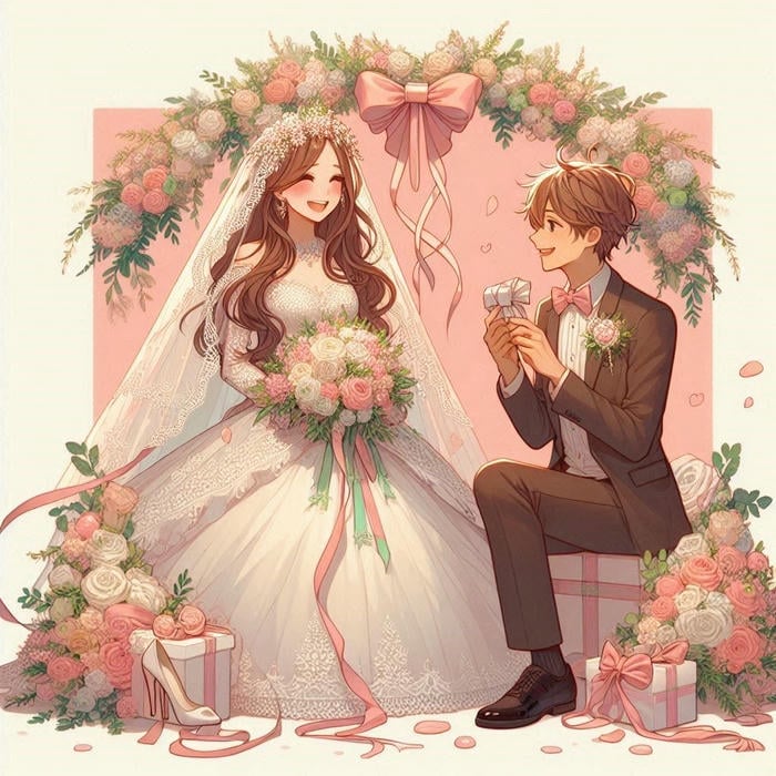 hình cô dâu chú rể anime đứng dưới hoa cưới