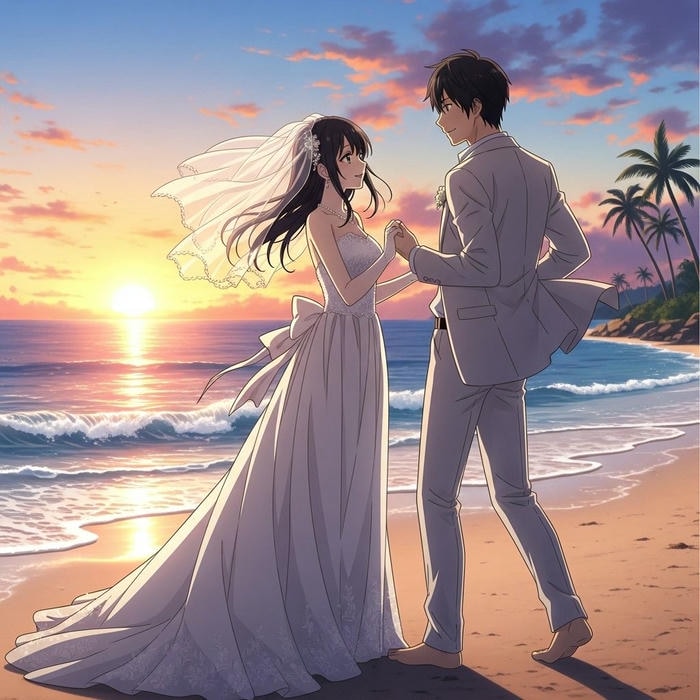 hình cô dâu chú rể anime kiêu vũ trên biển