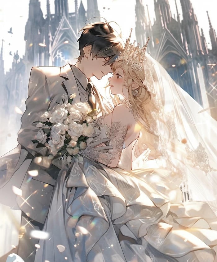 hình cô dâu chú rể anime ômnhau đầy hạnh phúc