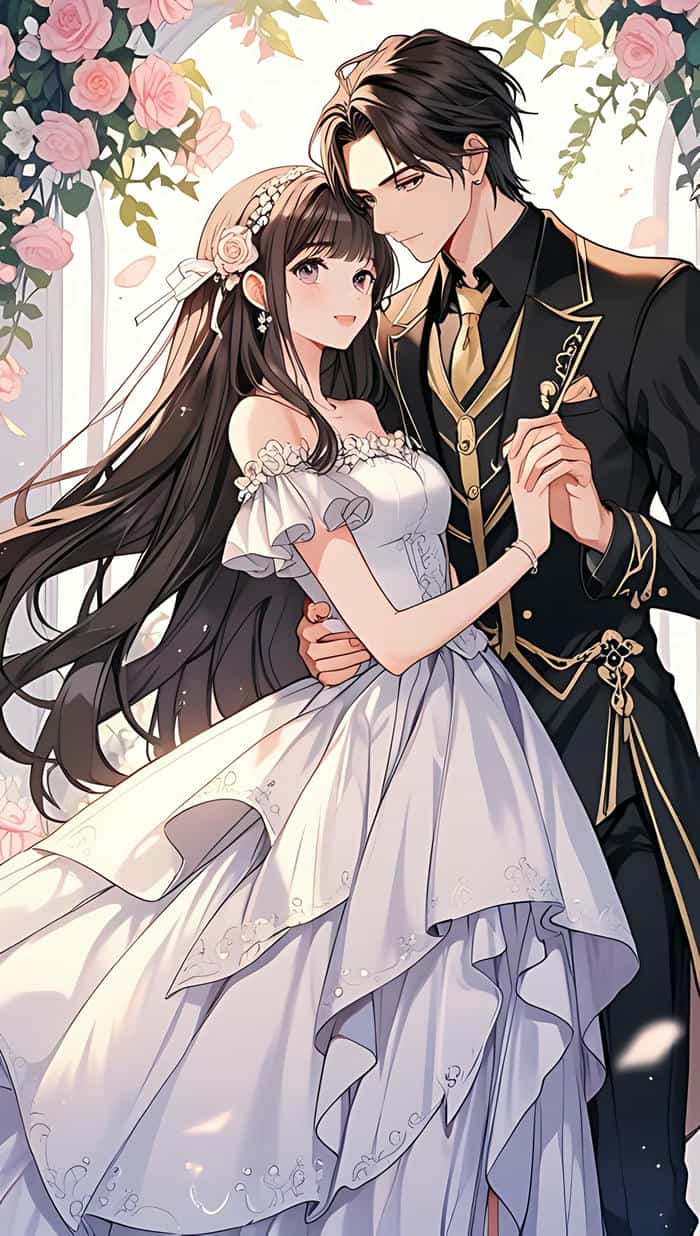 hình cô dâu và chú rể anime đứng bên nhau tình tứ