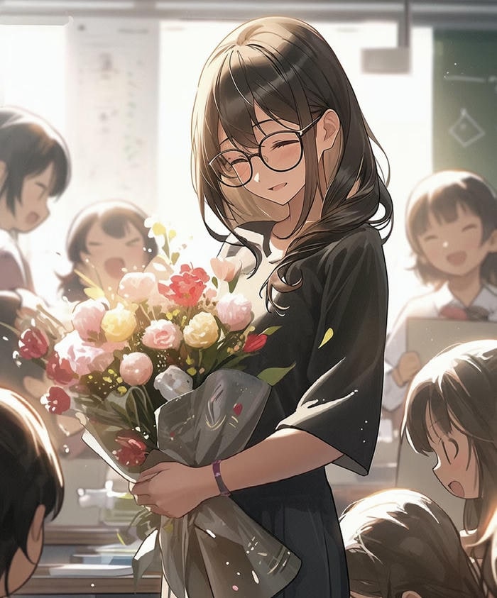 hình cô giáo anime đứng dưới ánh nắng xuyên qua cửa sổ