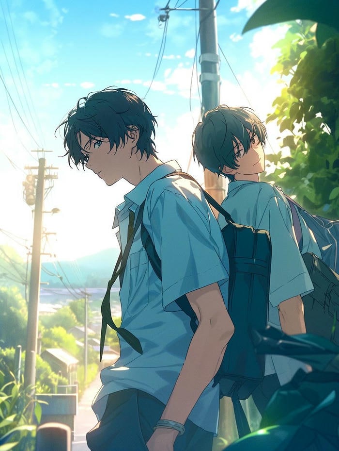 hình đôi bạn thân anime dáng đứng tựa lưng vào nhau