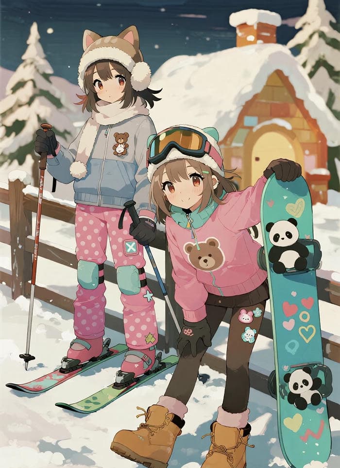 hình đôi bạn thân anime nữ đi trượt tuyết